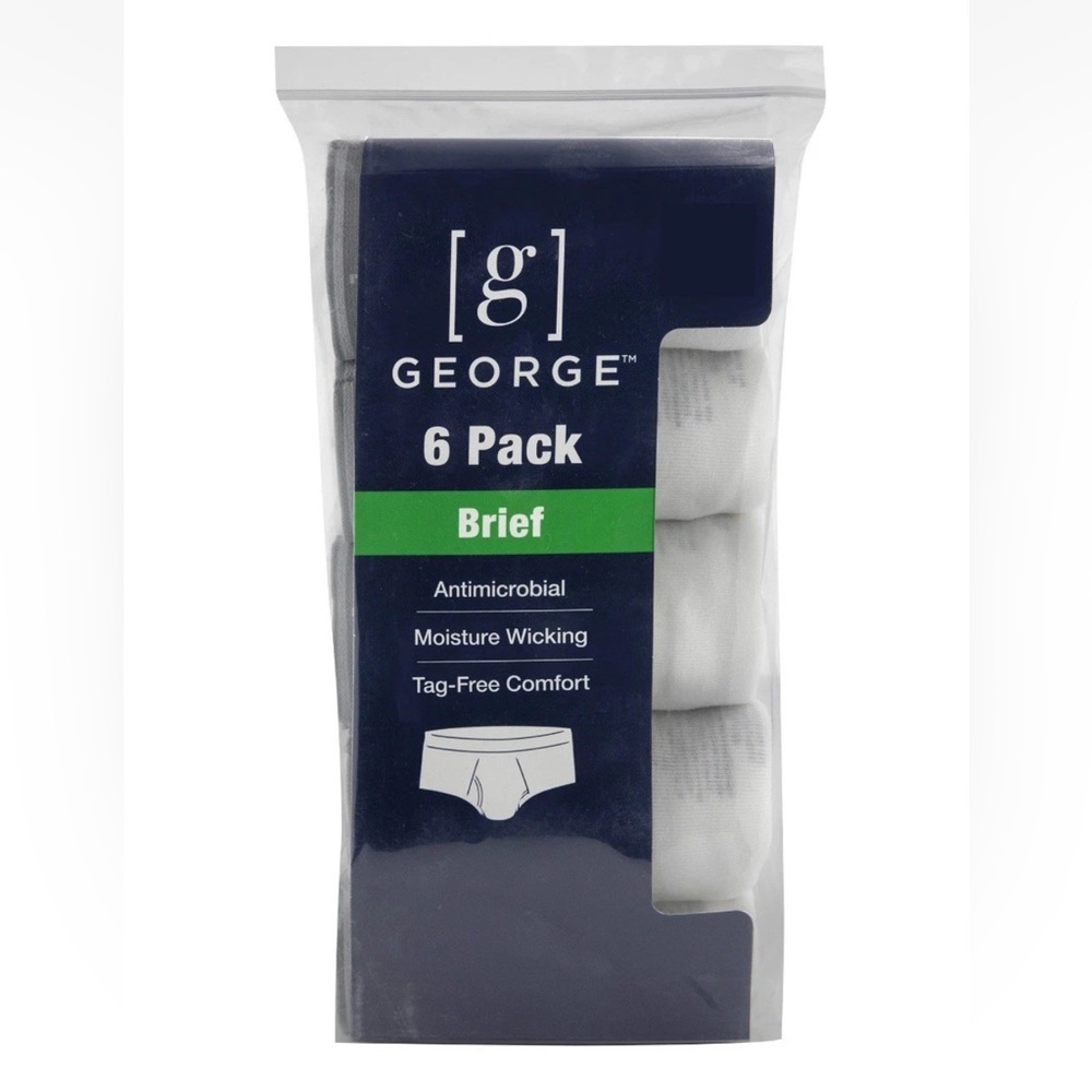 6-Pack GEORGE Men’s Full-Rise Briefs Tag-Free Moisture Wicking • White/Gray NWT